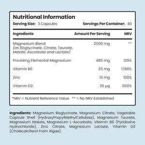 Vitabright Magnesium Glycinate Complex 6-In-1 | 2500Mg~485Mg Elemental | 120 Caps | Glycinate Tablets & Zinc, Vitamins B6 & D | High Strength Magnesium Supplements for Women/Zma Supplements for Men