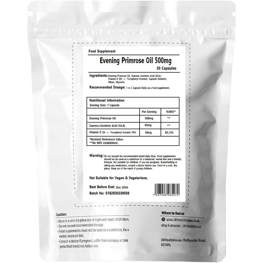 Ukhealthhouse Evening Primrose Oil Capsules - 500Mg - High Strength - 45Mg GLA (30) - High Strength Omega 6 GLA Content Great for Skin Immune System