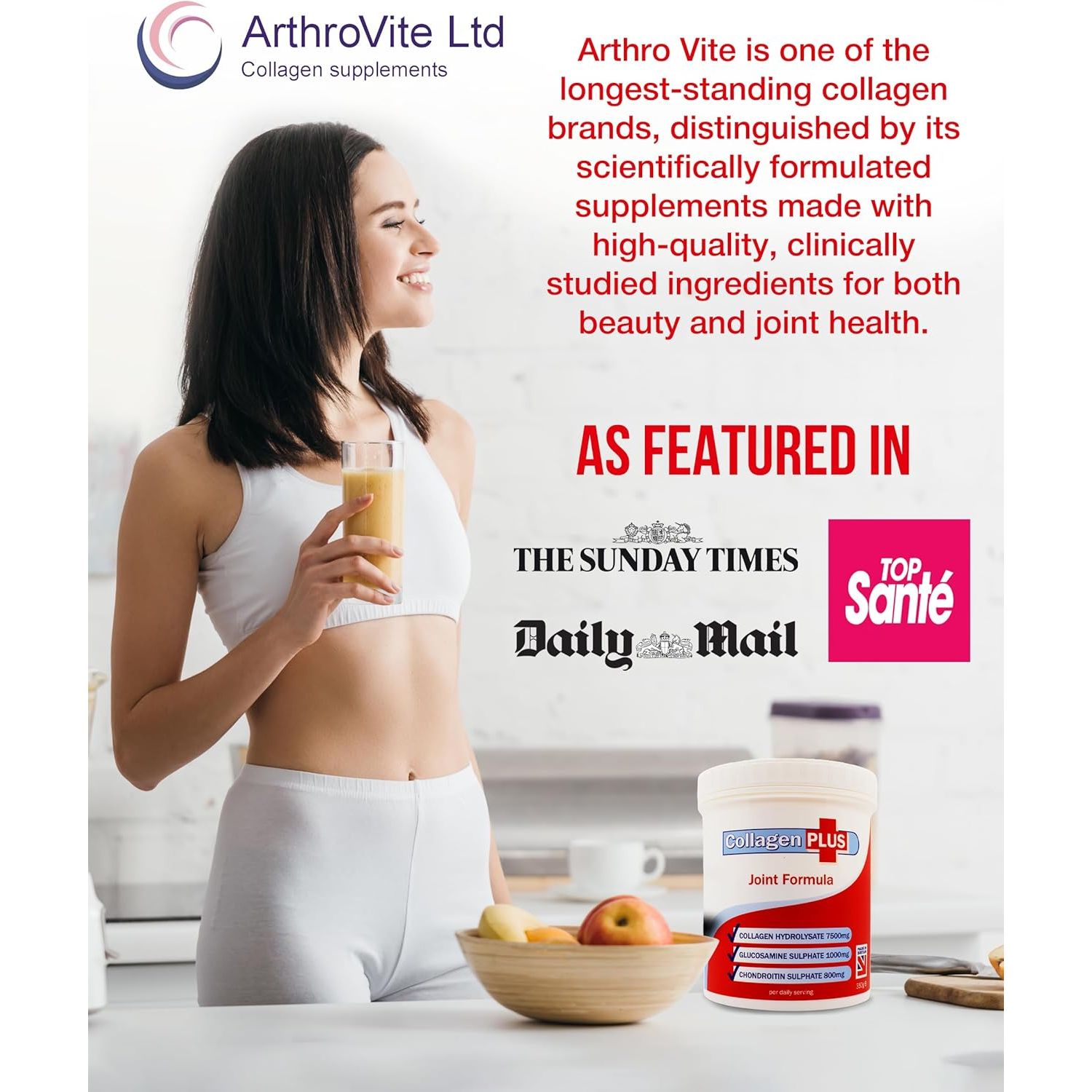 Collagen plus 3-In-1 Powder for Women & Men - Orange Flavoured & Dissolves Easily. with Vitamin C, Glucosamine, Chondroitin & Collagen for Joints - Yeast, Lactose & Gluten Free - 350G