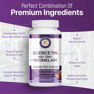 Quercetin with Bromelain, NAC and Zinc - Powerful Quercetin Blend - 2230Mg per Serving - Immune & Respiratory Support - Non-Gmo, Gluten-Free, Vegan - 60 Veggie Caps, Anti-Aging