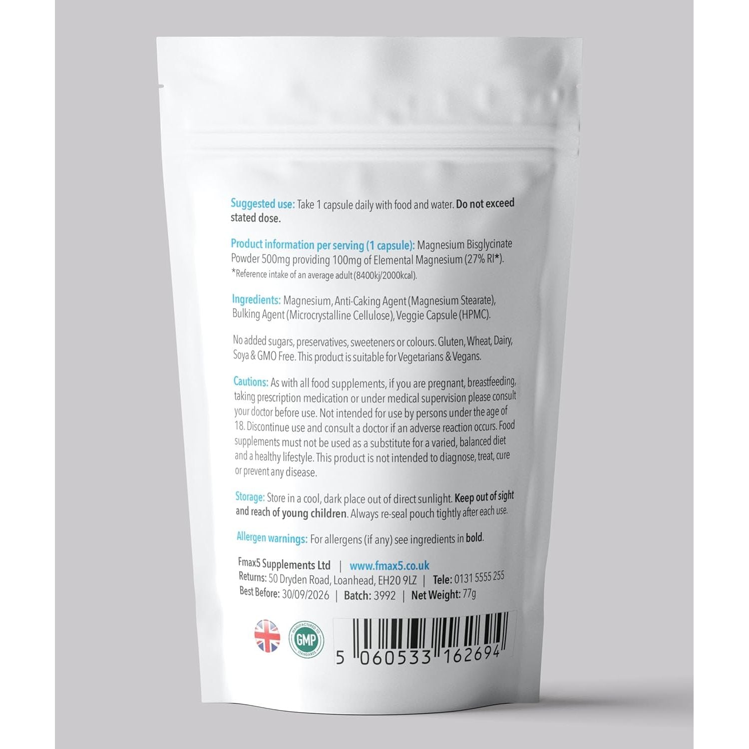 Magnesium Glycinate 500Mg Supplements as Bisglycinate, 120 Vegan Capsules, High Absorption / Bioavailability - 100Mg Elemental, UK Made