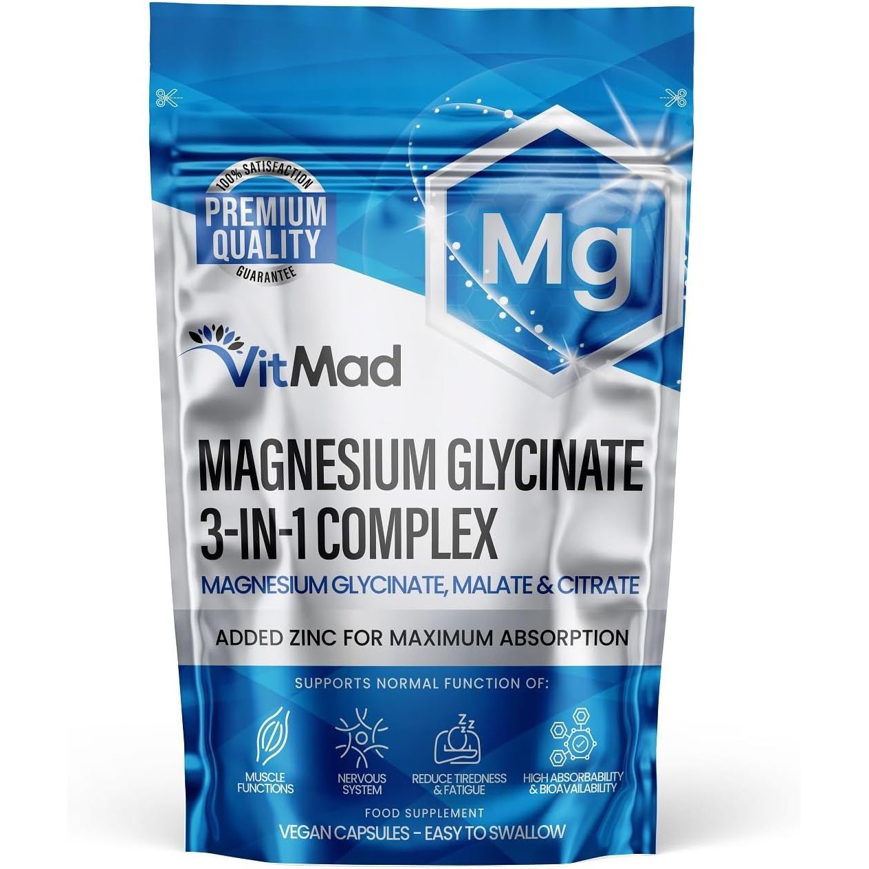 Magnesium Glycinate 3-In-1 Complex - Bisglycinate, Citrate & Malate Vegan Capsules, Added Zinc to Maximise Absorption 380Mg Elemental 100% NRV, UK Made (60)