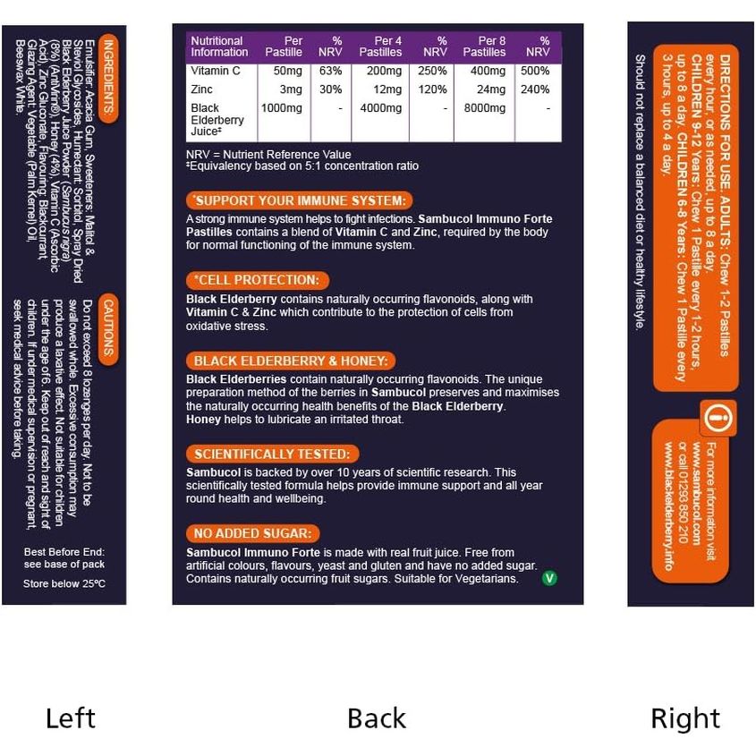 Sambucol Natural Black Elderberry Immuno Forte Chewable Pastilles | Vitamin C | Zinc | Immune Support Supplement | 20 Pastilles