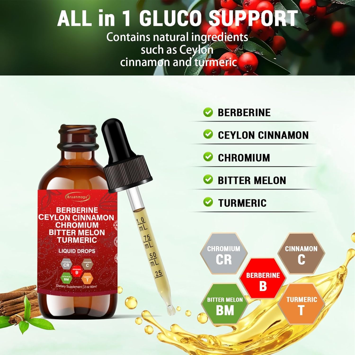 60ML Berberine with Ceylon Cinnamon Supplement Liquid Drops + Bitter Melon Extract, Glucomannan, Gymnema, Chromium, Turmeric, Panax Ginseng, Moringa GLP-1 Support