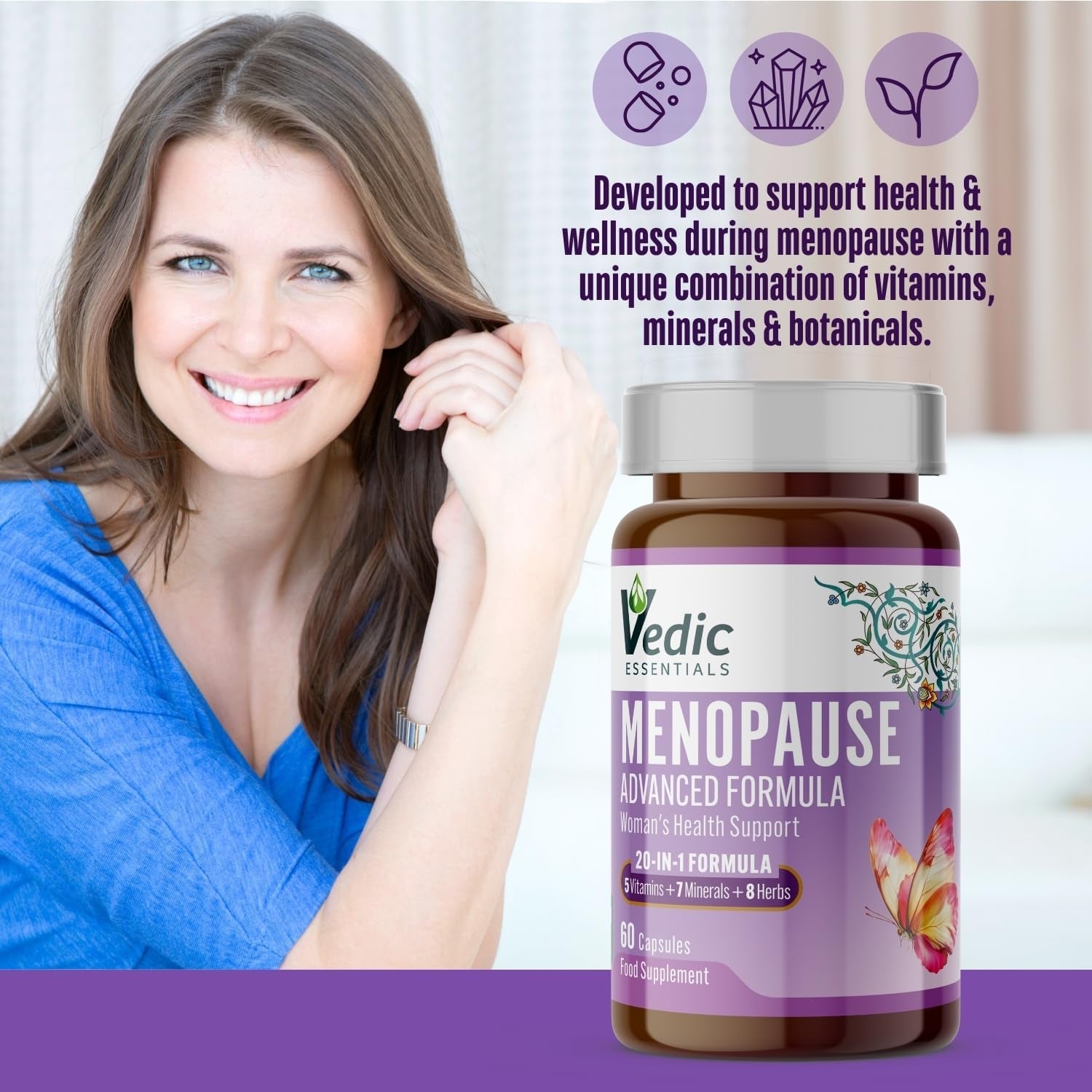 Vedic Menopause Supplement | 20 Vitamins, Minerals & Herbs- Red Clover, Sage, Primrose, Flaxseed, Ginseng | Perimenopause, Menopause Support- Hot Flashes Relief, Mood Swings, Fatigue | UK Made, Vegan