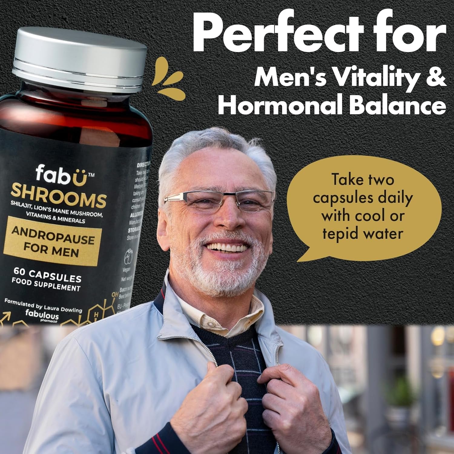 Fabü Shrooms Andropause - Natural Shilajit & Lion'S Mane Supplement for Men - Complete Multivitamin with Zinc, B12 & Minerals for Energy, Cognition & Testosterone Support - 60 Capsules