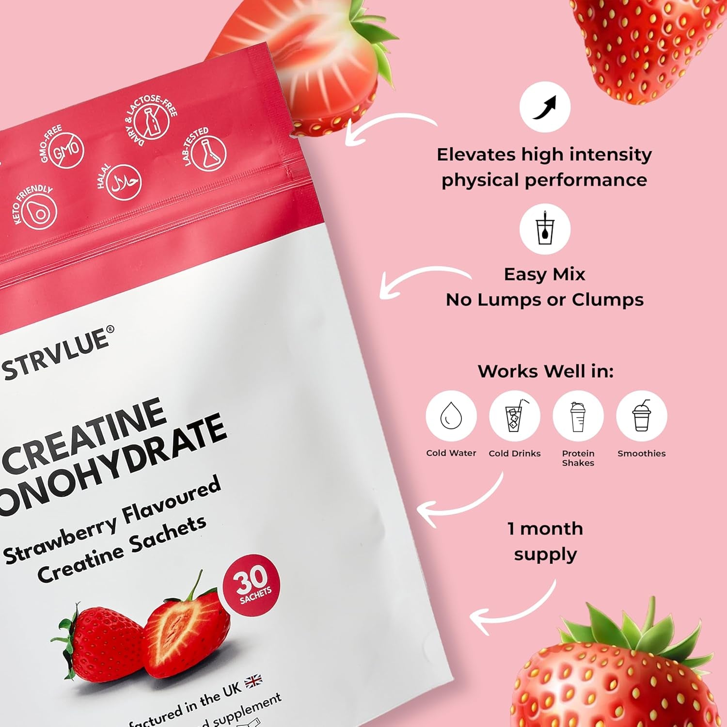 Creatine Monohydrate | Lab Tested | 30 Travel Sachets, 5G Creatine Each | Natural Strawberry Flavour | Zero Sugar | Supports Muscle Growth, Strength, Recovery, Cognition & Performance | for Men&Women