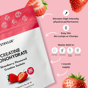 Creatine Monohydrate | Lab Tested | 30 Travel Sachets, 5G Creatine Each | Natural Strawberry Flavour | Zero Sugar | Supports Muscle Growth, Strength, Recovery, Cognition & Performance | for Men&Women