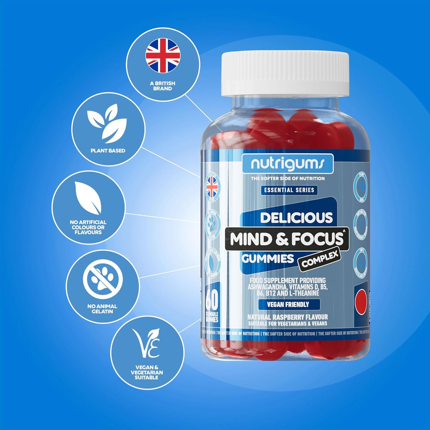 Mind & Focus Ashwagandha Gummy | Ashwagandha, L-Theanine, Vitamins D, B5, B6 & B12 | Raspberry Flavour | 60 Vegan Gummies | Cognitive Health, Nervous System and Mental Performance by NUTRIGUMS®