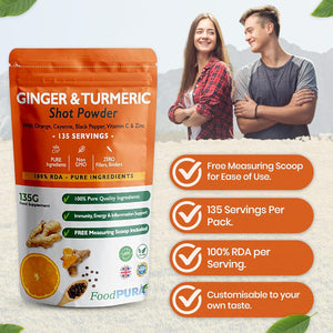 Foodpura 135G Ginger & Turmeric Shot Drink Powder 135 Servings with Orange Cayenne Black Pepper Vitamin C & Zinc 100% RDA Natural Supplement No Added Sugar Immunity Energy & Inflammation Support