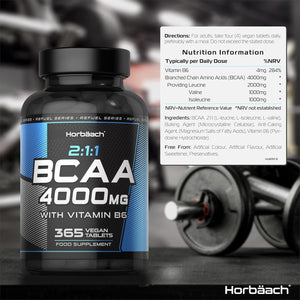 BCAA Tablets 4000Mg | 365 Vegan Tablets | Essential Amino Acid Supplement with Vitamin B6 | 2:1:1 Ratio | BCAA Powder and Capsules Alternative Pre Workout | by Horbaach