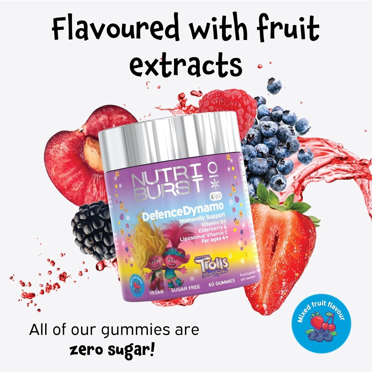Nutriburst Trolls Kids Defencedynamo - Immune Support & Energy - Vitamin D3 (25Μg), Vitamin C (90Mg) + Black Elderberry Extract (50Mg) - Vegan + Chewable + Sugar Free - Blueberry Flavour - 60 Gummies