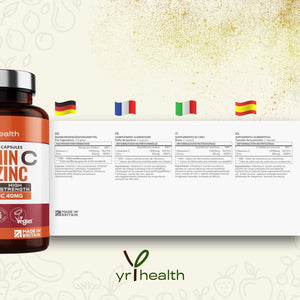 Vitamin C 1300Mg and Zinc 40Mg High Strength - VIT C and Zinc for Maintenance of Normal Immune System - 120 Vegan Capsules Not Tablets - 2 per Daily Serving - Made in the UK by Yrhealth