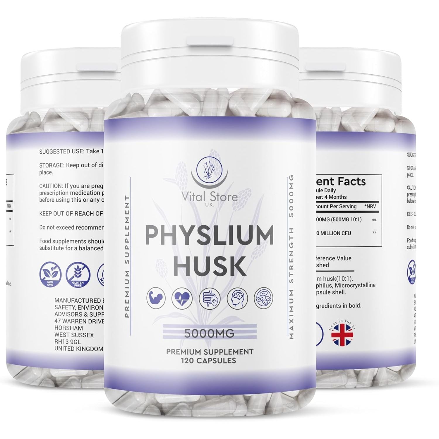 Physlium Husk 5000Mg - 4 Month Supply 120 Capsules - Vegan Physlium Husk