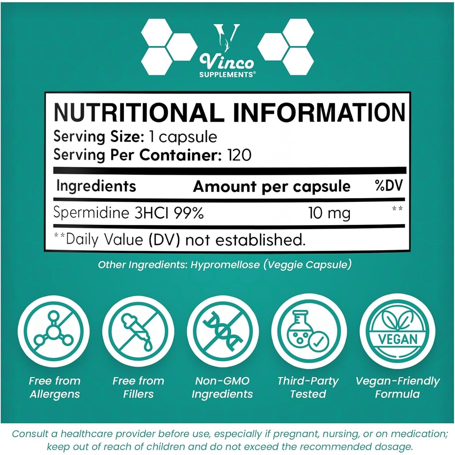 Vinco Spermidine Supplement - 10Mg X 120 High Strength Spermidine Capsules - 99% Purity - Supports Healthy Ageing & Longevity - Non GMO & Gluten Free - Made in the UK