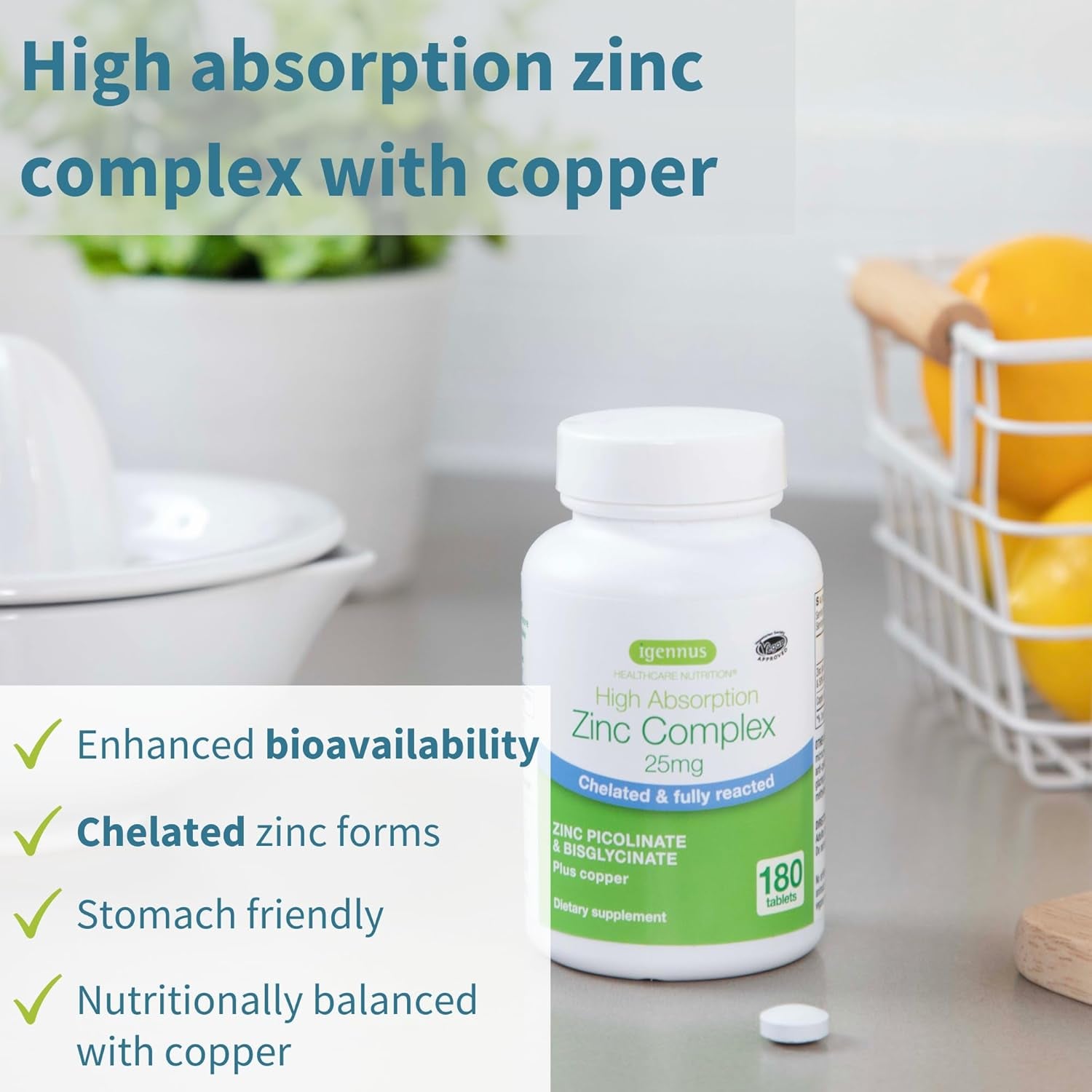 Igennus Clean Chelated Zinc Picolinate & Bisglycinate Complex 25Mg with Copper, 6 Month Supply 180 Tablets, High Absorption & Lab Verified, Non -GMO, Supplement for Men & Women, Immune Support & Skin