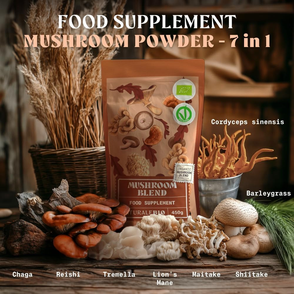 Naturalebio Organic Mushroom Powder 450G. Mushroom Blend with Reishi, Lions Mane, Chaga, Maitake, Cordyceps, Shiitake & Tremella. Gluten-Free, Non-Gmo. Boosts Energy & Supports Cognitive Function