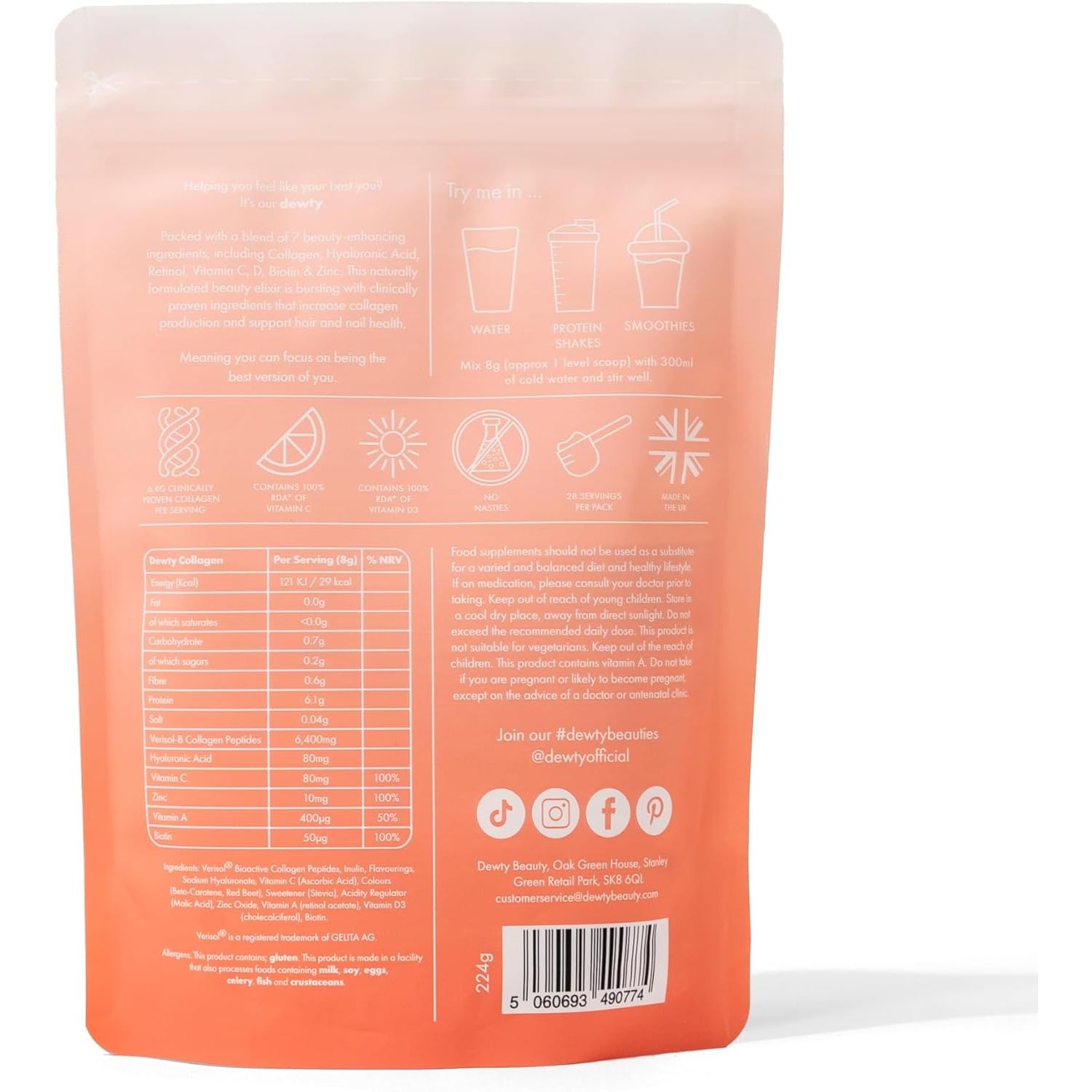 Dewty Collagen Powder - 6400Mg Peach Flavour Daily Collagen Supplement for Women - 6400Mg of Collagen with Hyaluronic Acid, Biotin & Retinol, Beneficial for Skin, Hair, Nails & Joints (28-Day Pouch)