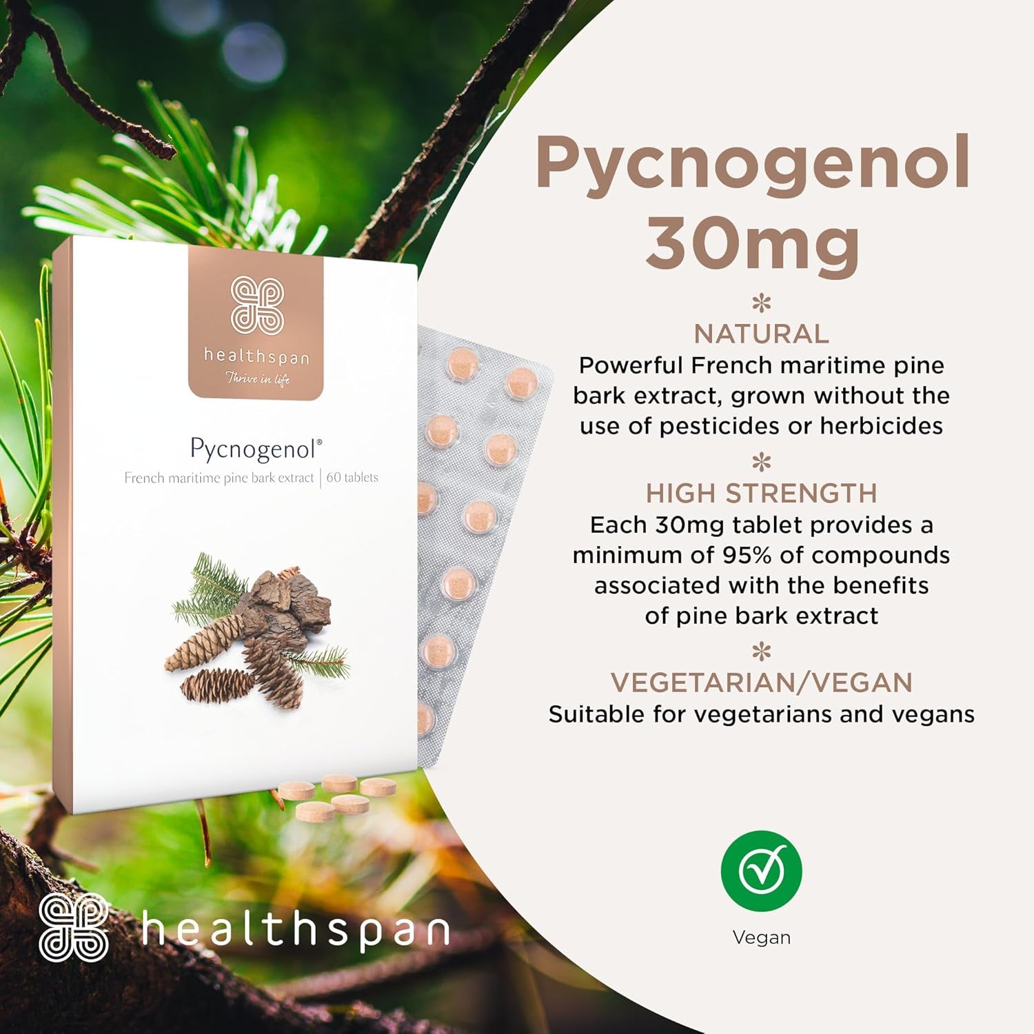 Healthspan Pycnogenol 30Mg (60 Tablets) | French Maritime Pine Bark Extract | Providing Naturally Powerful Bioflavonoids | No Pesticides and No Herbicides | Vegan
