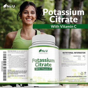 Potassium Supplement High Strength 1550Mg & Vitamin C - 240 Vegan Tablets - 4 Month Supply - Potassium Citrate for Natural Electrolytes Support - Made in the UK - Nu U Nutrition