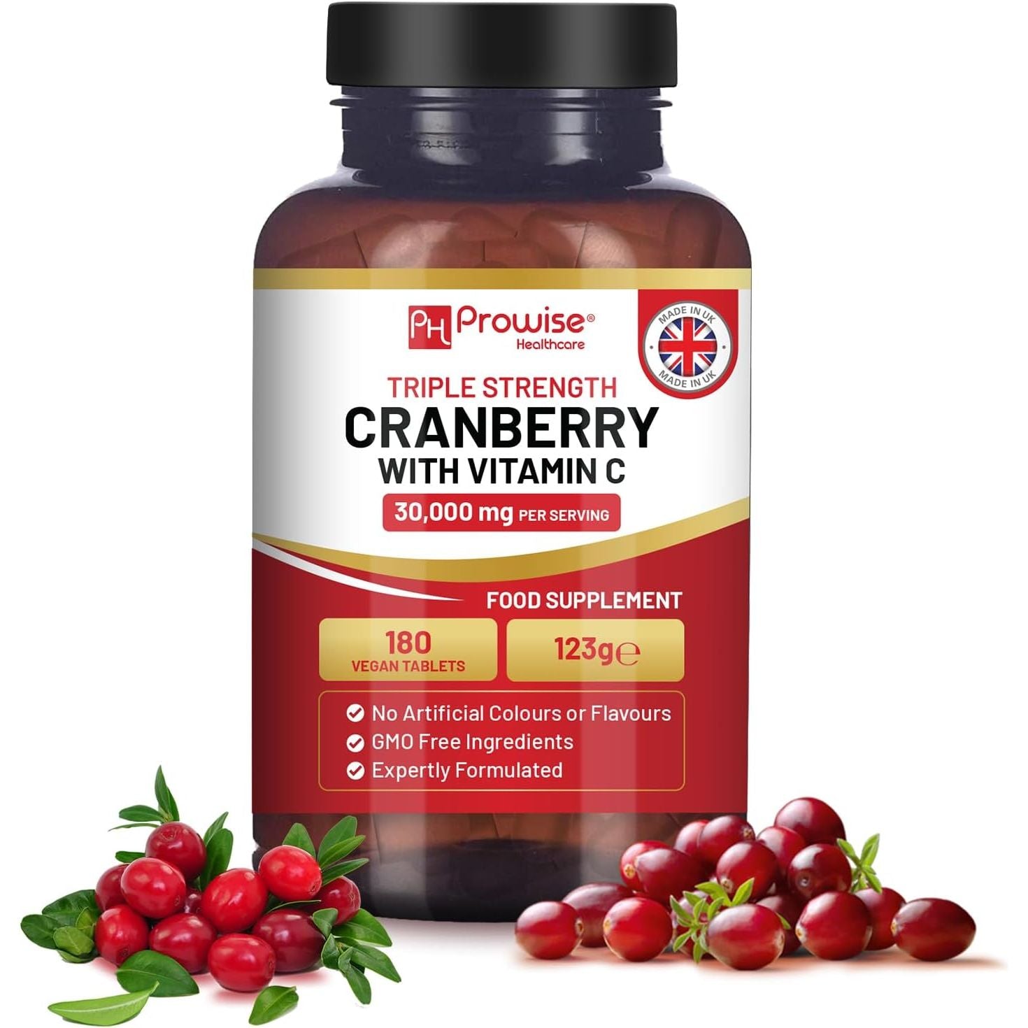 Triple Strength Cranberry 30,000Mg Added with Vitamin C - 180 Vegan Tablets I UTI Support for Women I Easy to Swallow Tablets I Made in the UK by Prowise Healthcare