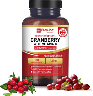 Triple Strength Cranberry 30,000Mg Added with Vitamin C - 180 Vegan Tablets I UTI Support for Women I Easy to Swallow Tablets I Made in the UK by Prowise Healthcare