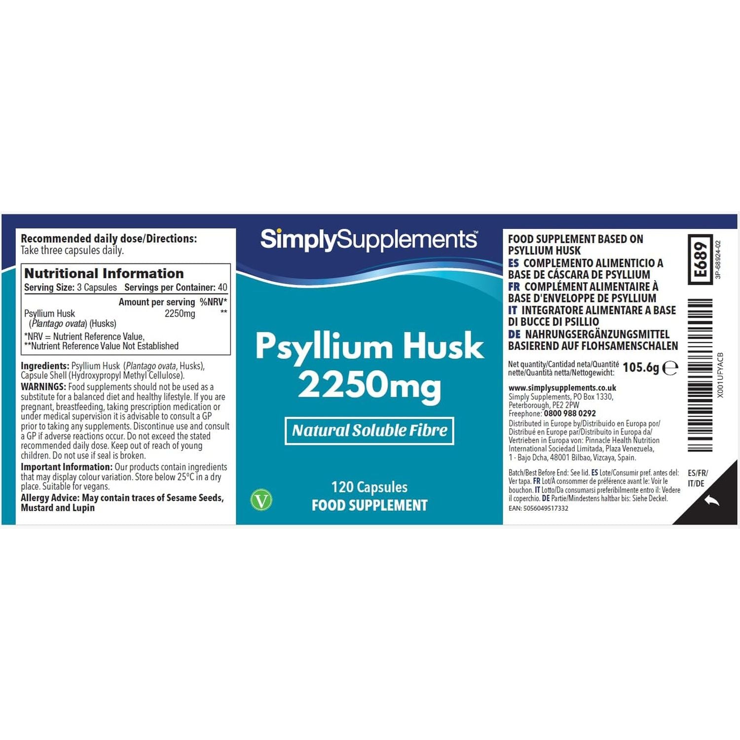 Pure Psyllium Husk Capsules | Supports Digestive Health & Fibre Intake | 120 Capsules = 40 Days Supply | Manufactured in the UK in Accordance with GMP Standards
