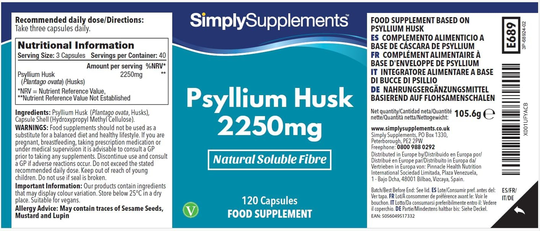 Pure Psyllium Husk Capsules | Supports Digestive Health & Fibre Intake | 120 Capsules = 40 Days Supply | Manufactured in the UK in Accordance with GMP Standards