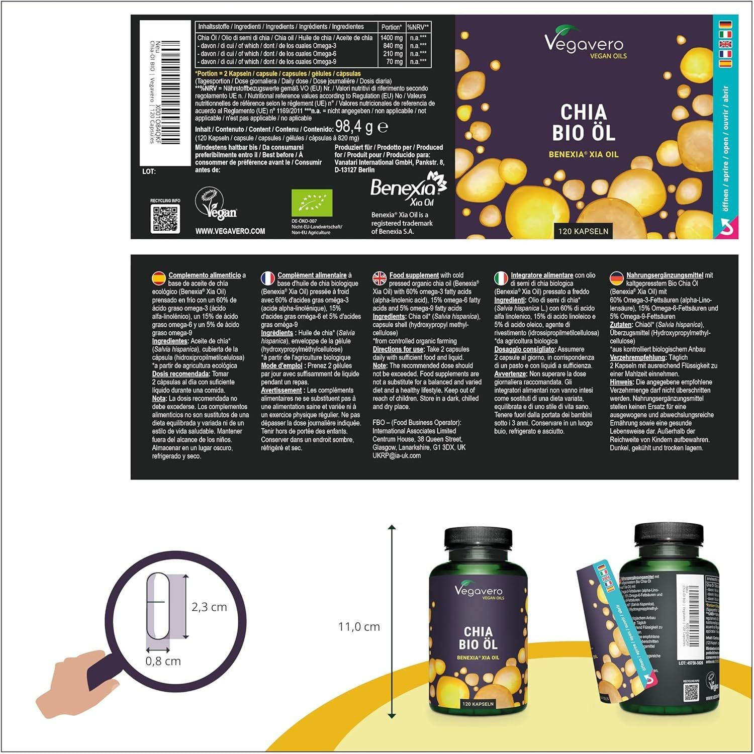 Vegavero Organic Chia Seed Oil | Vegan Omega 3 6 9 Capsules | Benexia® from Chile, Cold-Pressed | High Dose Alpha-Linolenic Acid | NO Additives, Lab-Tested