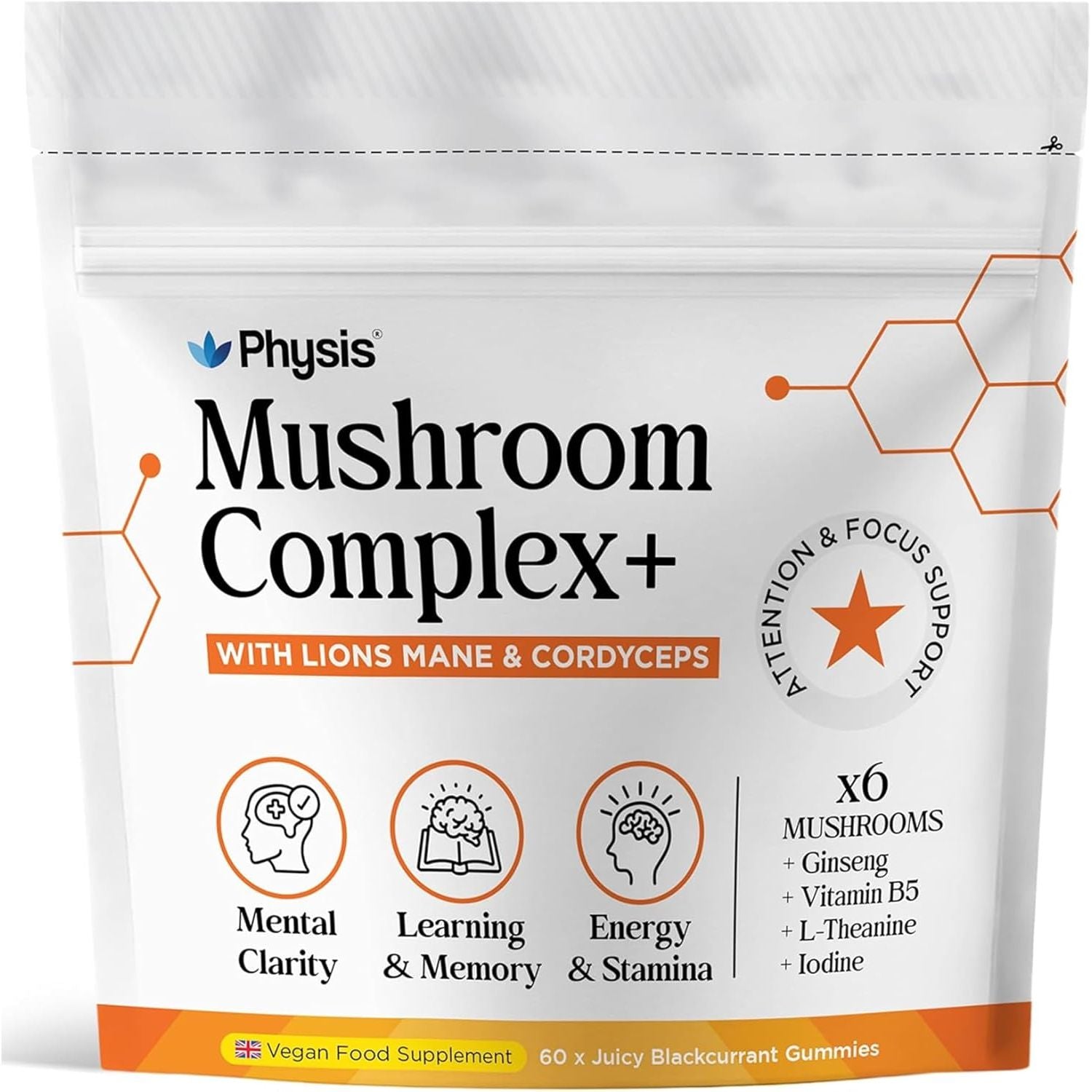Physis Mushroom Gummies Complex 2000Mg | Attention Focus Clarity | Immunity & Energy | Brain Support | High Strength | Maitake, Reishi, Lion’S Mane & Chaga | 60 X Juicy Blackcurrant 1 Month Supply