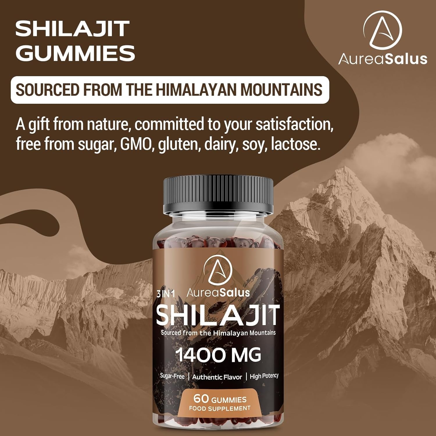Shilajit Gummies 1400Mg, Shilajit Supplement with Chaga and Ashwagandha, Original from Himalayan with Fulvic & Humic Acid and 85+ Minerals, for Energy, Immunity & Focus, Sugar-Free, 60 Gummies
