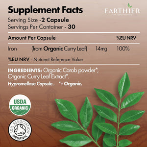 Earthier Organic Iron Whole Food Sourced & Certified by Soil Association 60 Capsules Vegan