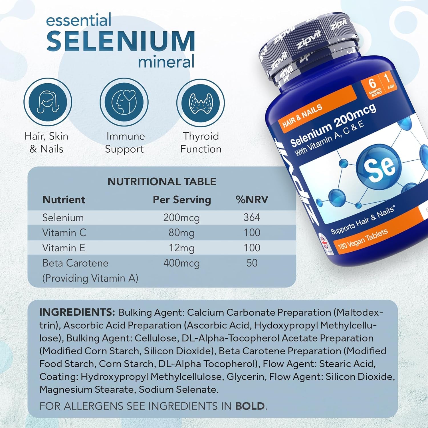 Zipvit Selenium 200Mcg with Vitamins A, C, E. 180 Vegan Tablets. Supports Normal Thyroid, Skin, Hair & Nails, Immune System, and Antioxidant Protection. 6 Month Supply.