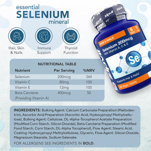 Zipvit Selenium 200Mcg with Vitamins A, C, E. 180 Vegan Tablets. Supports Normal Thyroid, Skin, Hair & Nails, Immune System, and Antioxidant Protection. 6 Month Supply.