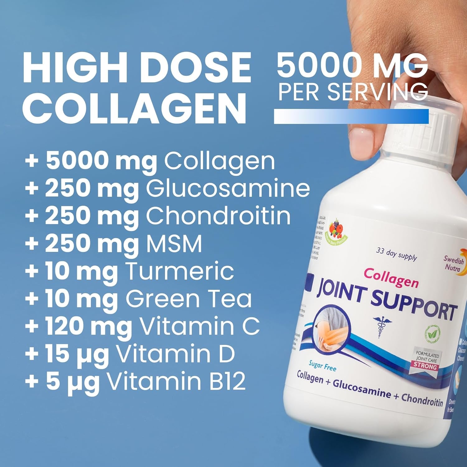 Swedish Nutra - Joint Support Collagen - Pack of 500Ml, 33 Day Supply | Berry Flavour | with Glucosamine & MSM | 100% Natural Flavour, Sugar & Gluten Free | High Absorption Rate
