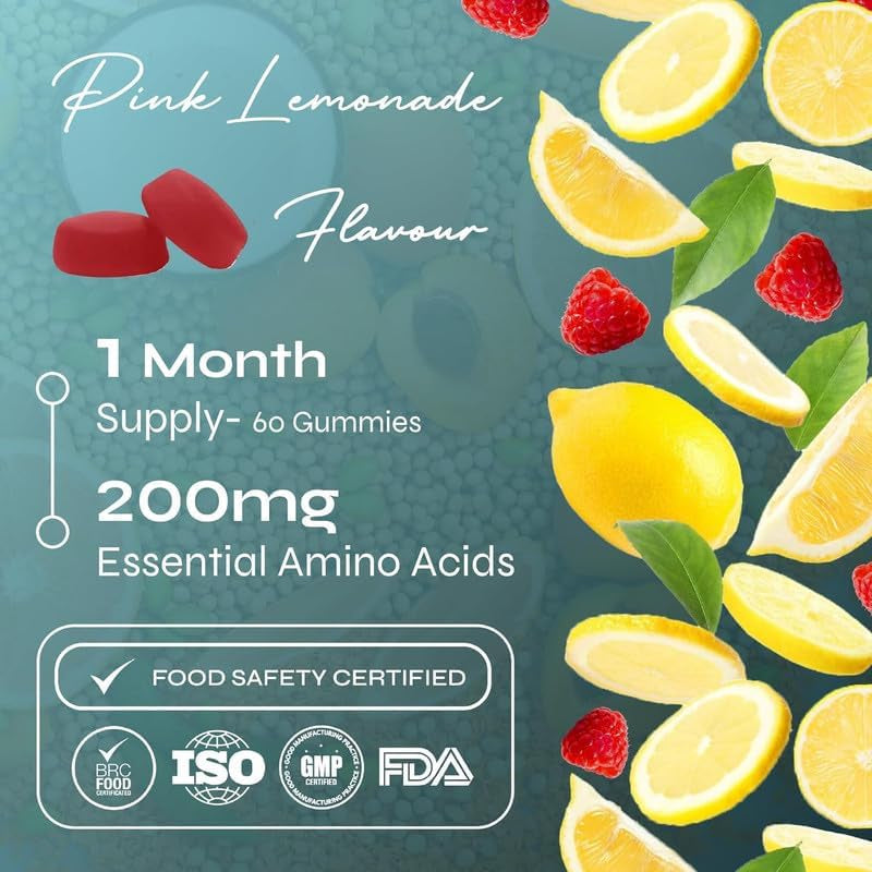 Known Essential Amino Acids Gummies - 200Mg Amino Acids - Muscle Health & Recovery - Natural Pink Lemonade Flavour - 60 Vegan Gummies, 1 Month Supply