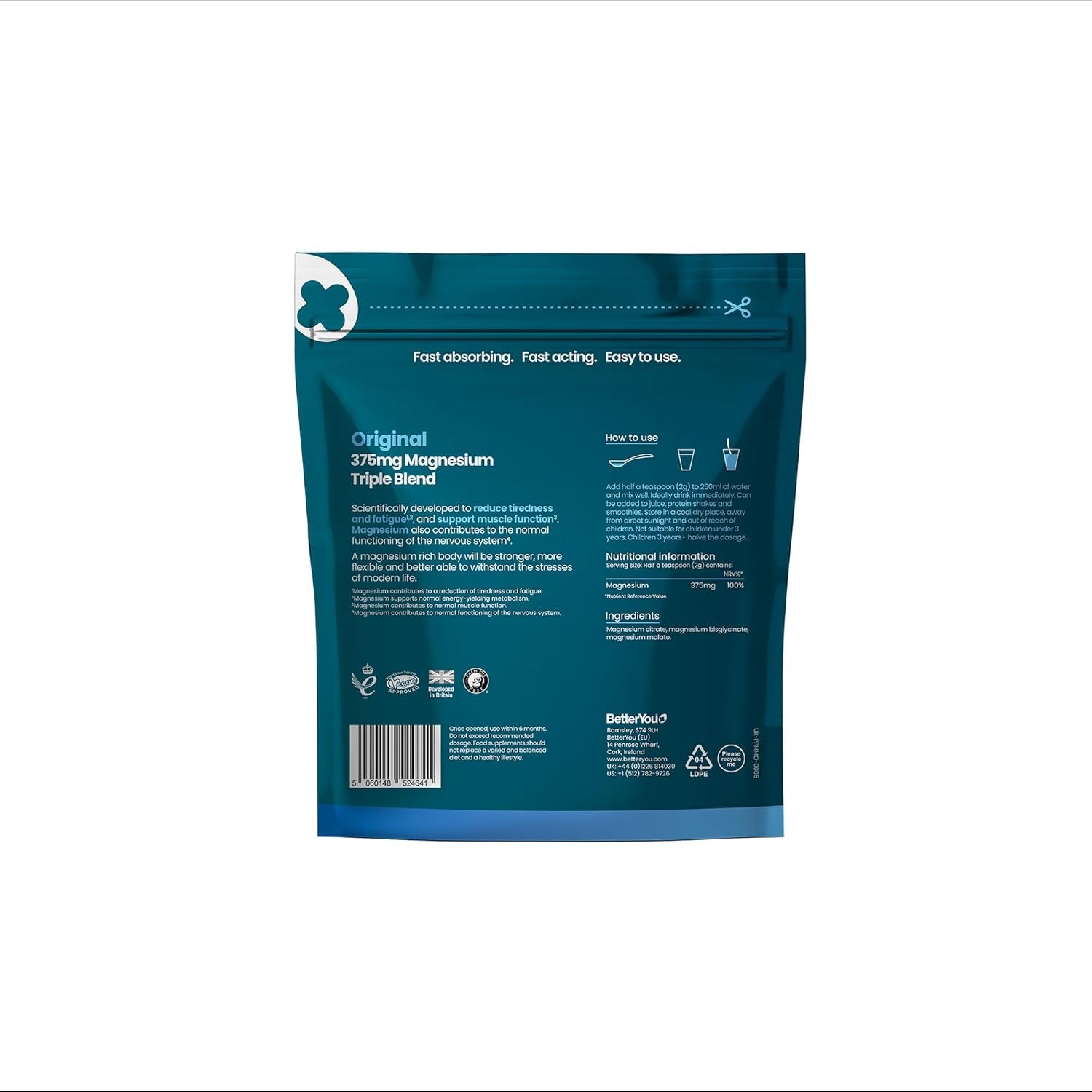 Betteryou Magnesium Glycinate, Citrate & Malate Supplement | 1942Mg Magnesium Max Powder - Unflavoured, 3-In-1 Powder 375Mg Elemental Absorbtion, Fast Absorbing, Fast Acting & Easy to Use