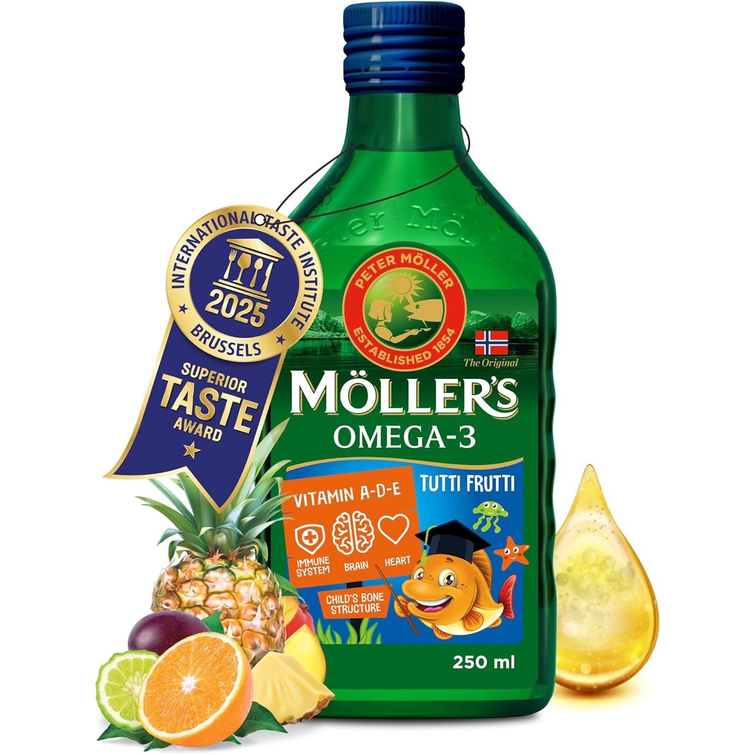 Moller’S ® | Omega 3 for Kids Cod Liver Oil | Nordic Omega-3 Dietary Supplements with EPA, DHA, Vitamin A, D & E | Pure, Natural Cod Liver Oil Liquid | 166-Year-Old-Brand | Tutti Frutti Taste | 250 Ml