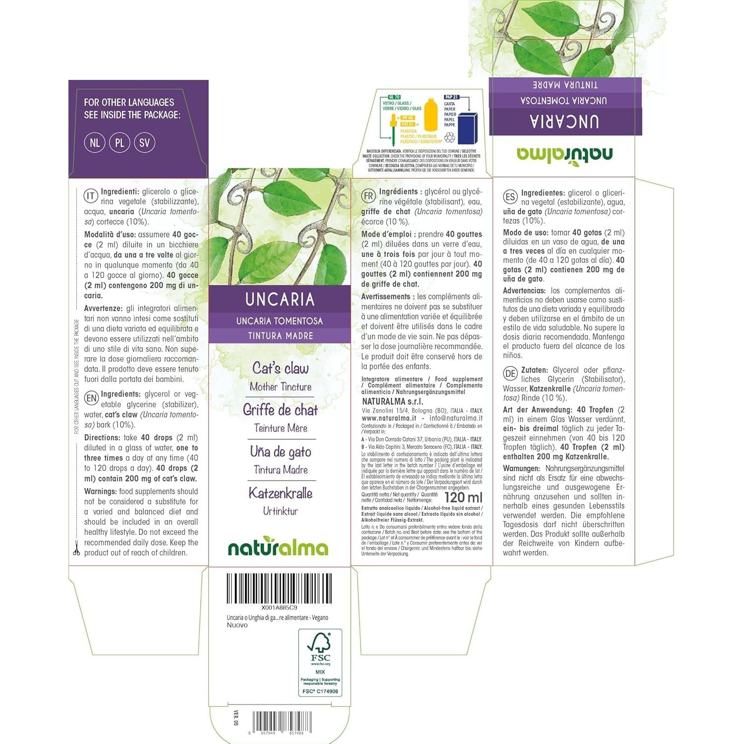 Cat'S Claw (Uncaria Tomentosa) Bark Alcohol-Free Mother Tincture Naturalma - Liquid Extract Drops 120 Ml - Food Supplement - Vegan