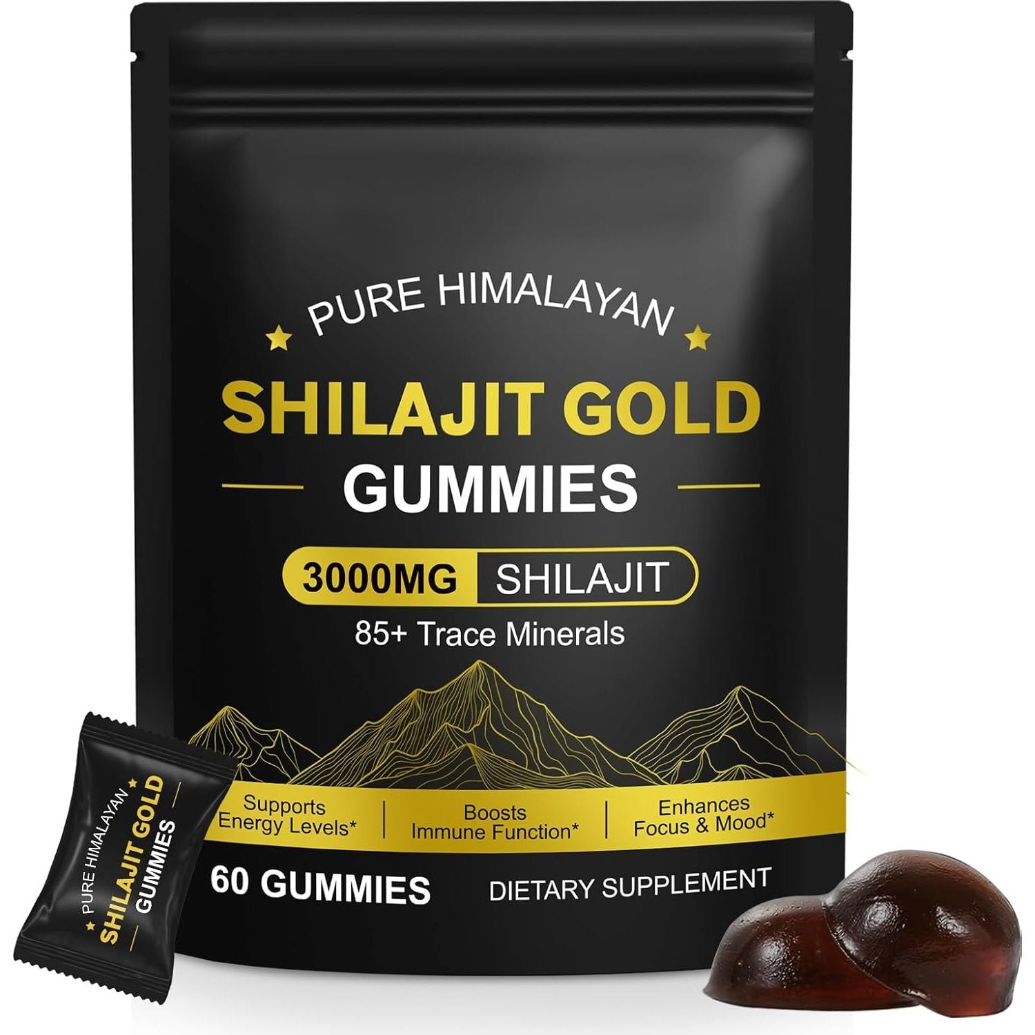 Shilajit Gummies 3000Mg - Himalayan Shilajit with Ashwagandha & Turmeric for Energy, Immunity Support - Natural Supplement for Men & Women - Vegan, Gluten-Free, 60 Chewable Gummies