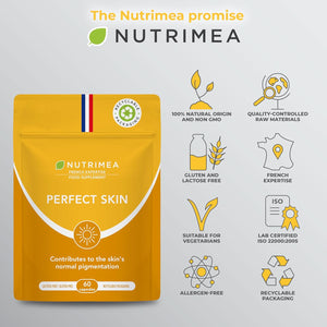PERFECT SKIN - Tanning Accelerator Tablets - Natural Sun Protector - Bronzed Glow - 60 Vegan Capsules - Beta Carotene and Burdock - French Expertise - Nutrimea