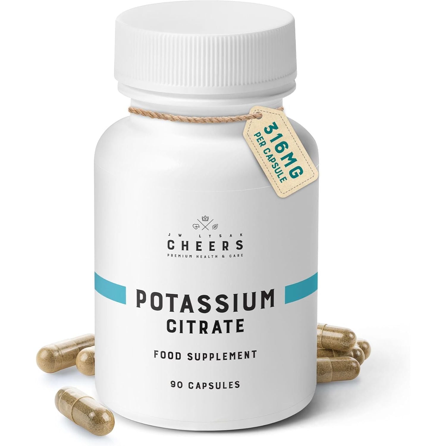 Cheers Potassium Citrate, 48% Daily Value, 316 Mg per Capsule, 90 Capsules, Supports Cardiovascular and Blood Pressure Health, Vegan Potassium Supplement for Adults, Natural Mineral Electrolyte