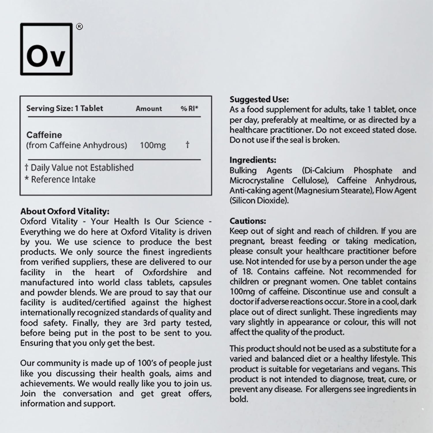 Caffeine 100Mg Tablets | Supplements for Weight Loss and Pre-Workout Energy | Oxford Vitality (120)