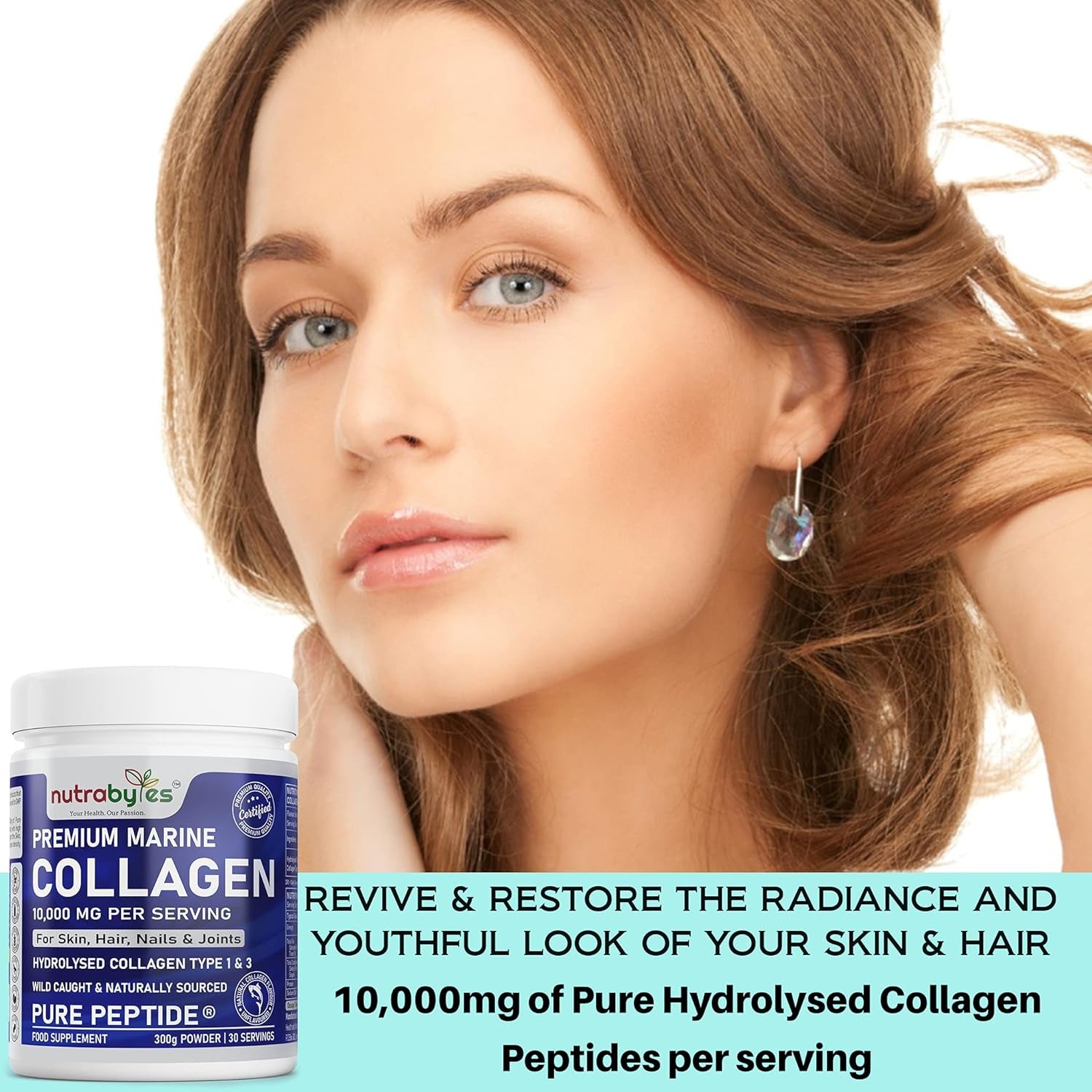 Marine Collagen Powder 10000Mg | Hydrolysed Collagen Peptides Type 1 & 3 with 19 Amino Acids for Skin, Hair, Nails & Joints | Unflavoured | Collagen Supplement for Women & Men | 30 Day Supply (300G)