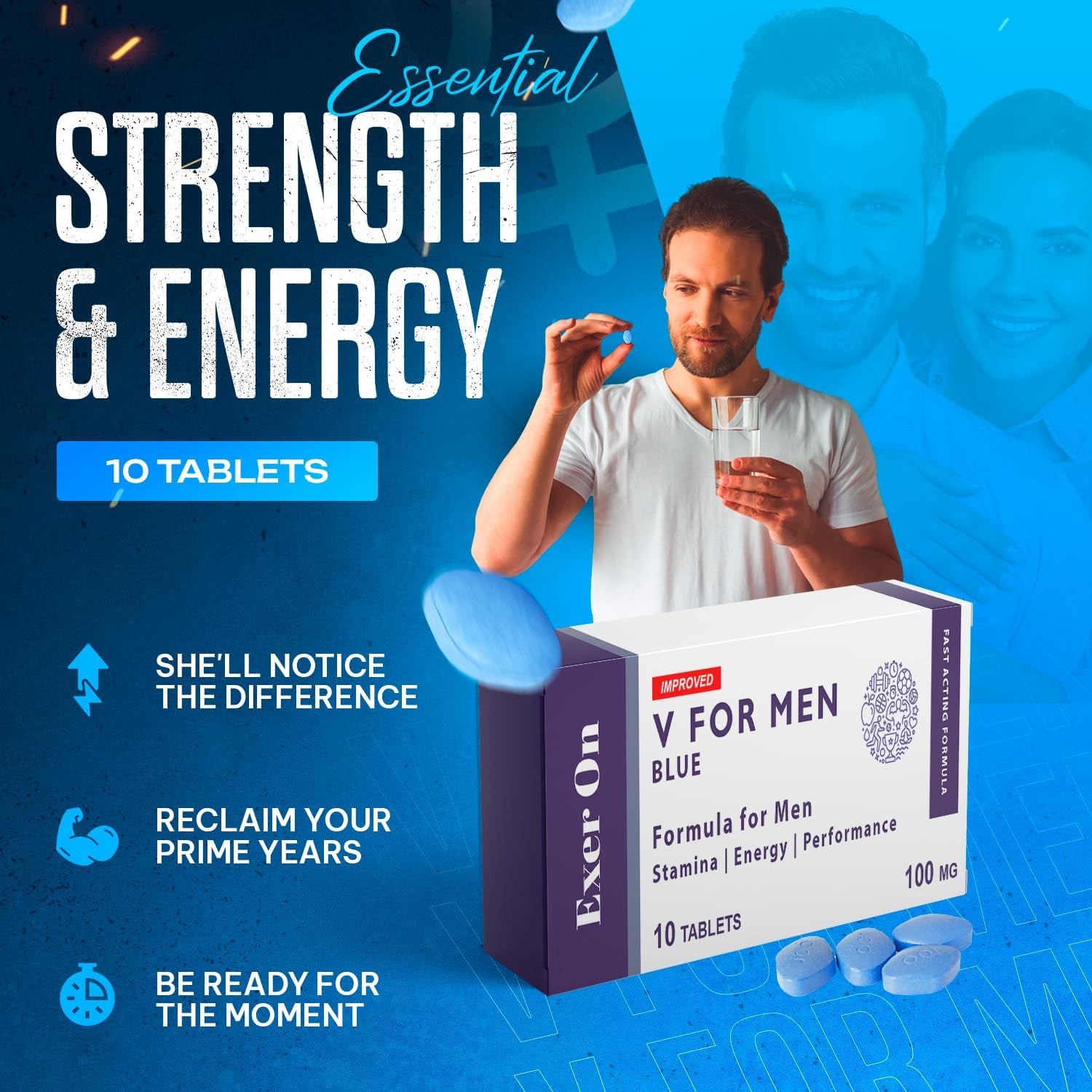 Exer on - Blue 10 Tablets for Men - 100Mg Herbal Supplement for Men - Strong Effect - Mens Health Support Tablets - Performance & Enhancement - Maca, Glycine, Korean Ginseng and Zinc