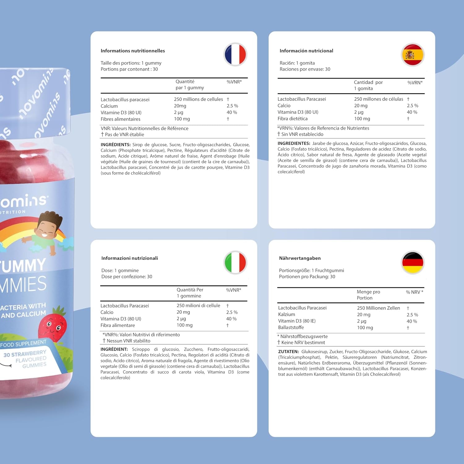 Kids Probiotic Gummies - 2 Billion Probiotics - 1 Month Supply - Kids Tummy Gummies - Includes Vitamin D & Calcium for Childrens Gut Health - Vegetarian Formula - 30 Gummies - by Novomins