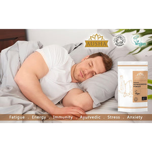 Ausha Organic Ashwagandha Powder 100G High Strength - UK Certified Organic by Soil Association - Stress & Anxiety Relief, Energy, Sleep Aid - Whole Ashwagandha Root Used