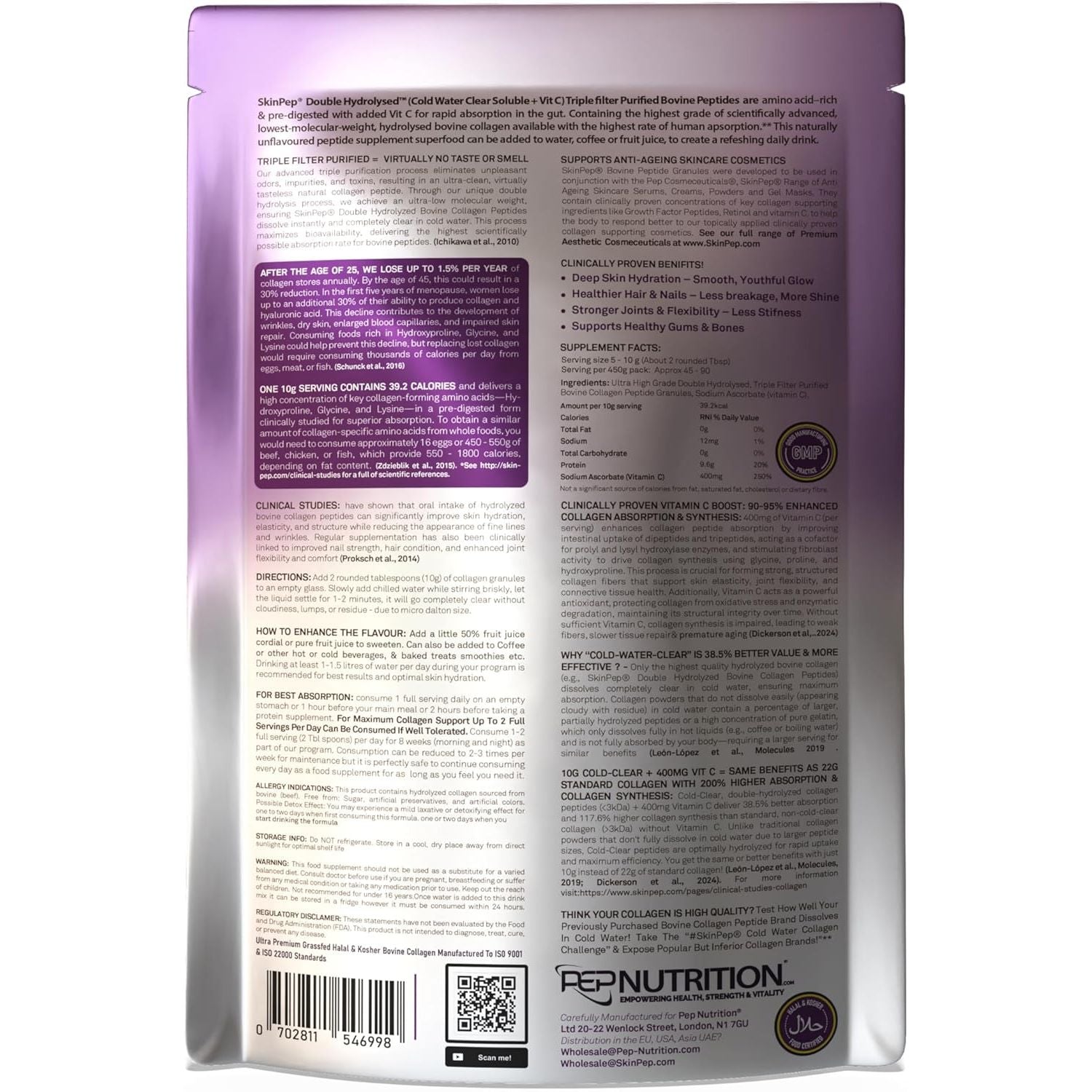 Collagen Powder 450G (+ 400Mg VIT C per 10G) Ultra Premium Double Hydrolysed Bovine Collagen Peptides by Skinpep - Halal Certified - 8 Essential Amino Acids, Collagen Supplements, Made in UK