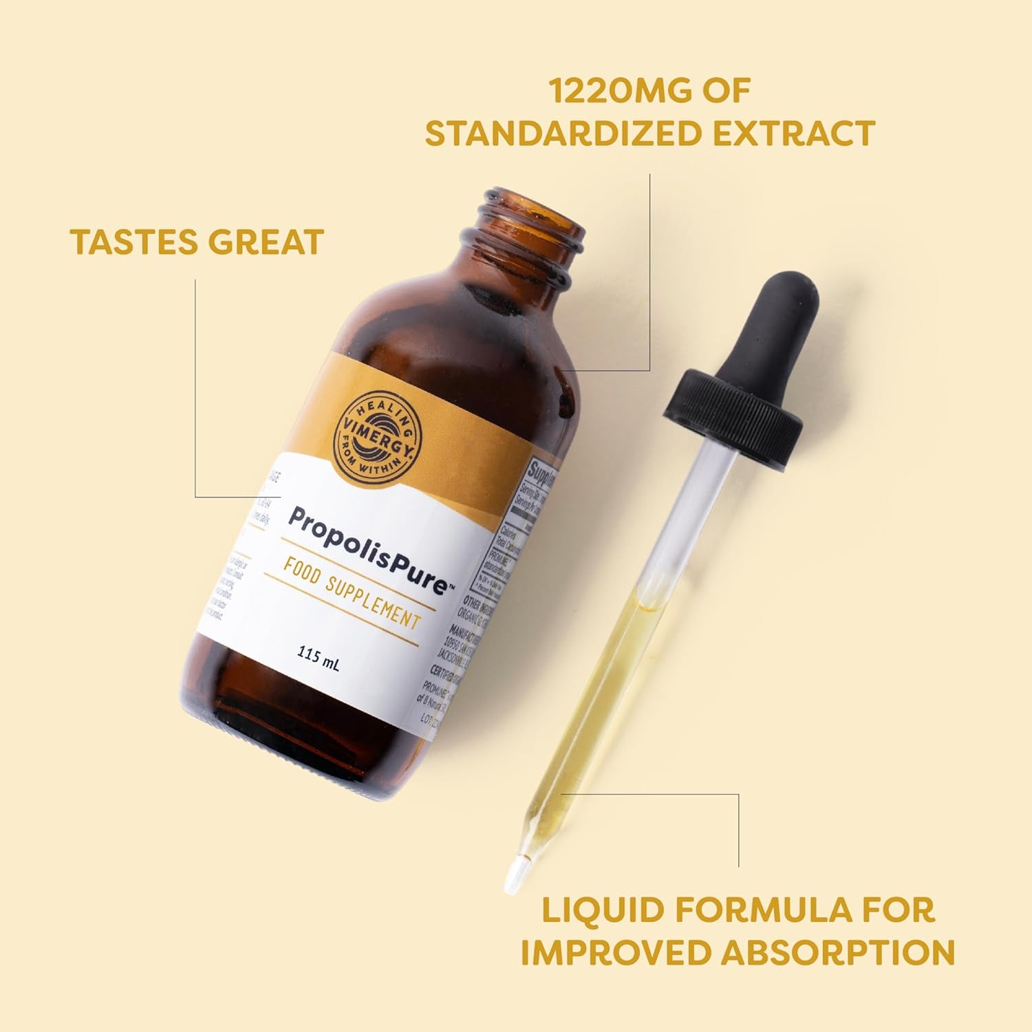 Vimergy Propolispuretm (57 Servings) – 1220Mg Propolis Extract – Standardized to Polyphenols – Vegetarian Supplement – Formulated without Sugar or Binders – Non-Gmo & Gluten-Free (115 Ml)