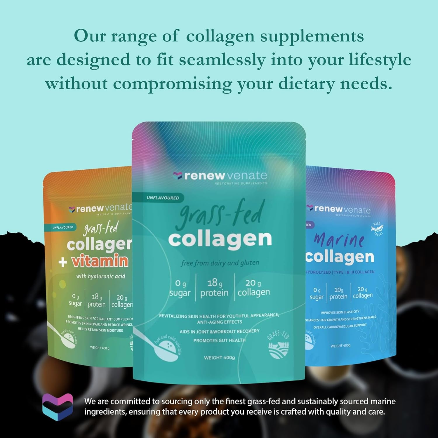 Renewvenate Collagen Supplements for Women – Daily Blend with Hydrolyzed Collagen Peptides for Radiant Skin, Stronger Hair, Nails, and Joint Health – Vegan and Bovine Collagen Options Available